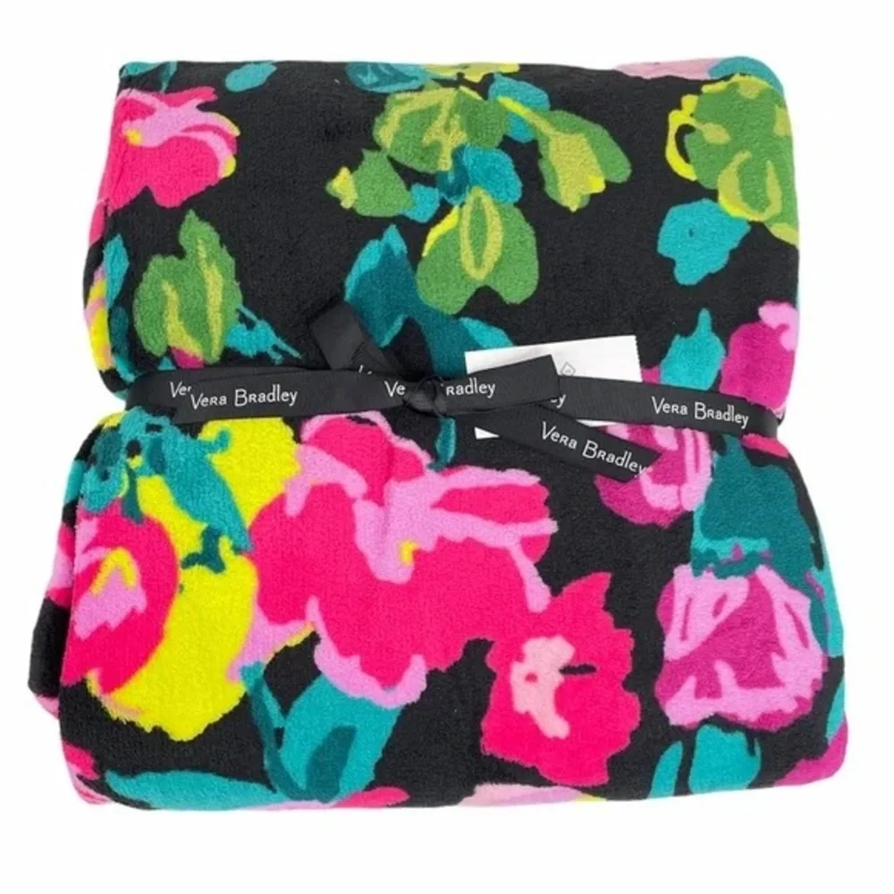 Vera Bradley Floral Throw Blanket - Pink, Yellow, Green on Black - Picture 2 of 3